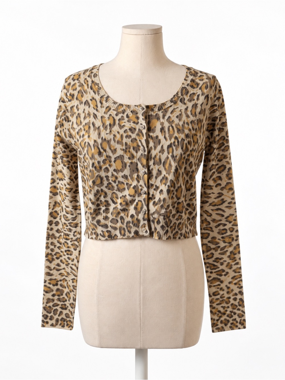 Guess Jeans Y2K Leopard Print Cropped Cardigan Medium Rhinestone Button